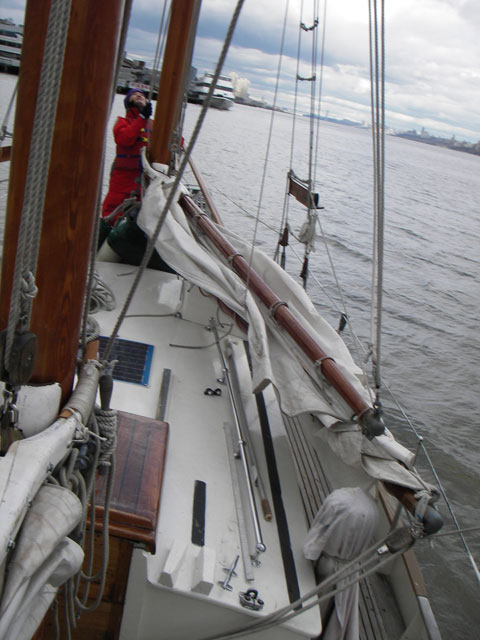 Checking that halyards are free before raising sail