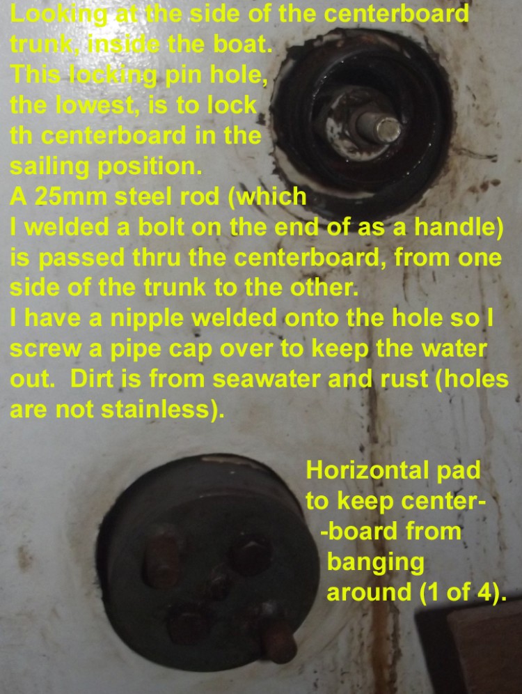 Centerboard pin, in hole, shown from inside cabin